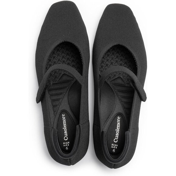 Women Black Knit Square Toe Arch Support and Concealed Low Wedge Ballet Flats - Picture 2 of 8